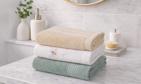 Stack of folded bath towels in beige, white, and sage green displayed on a marble bathroom vanity..